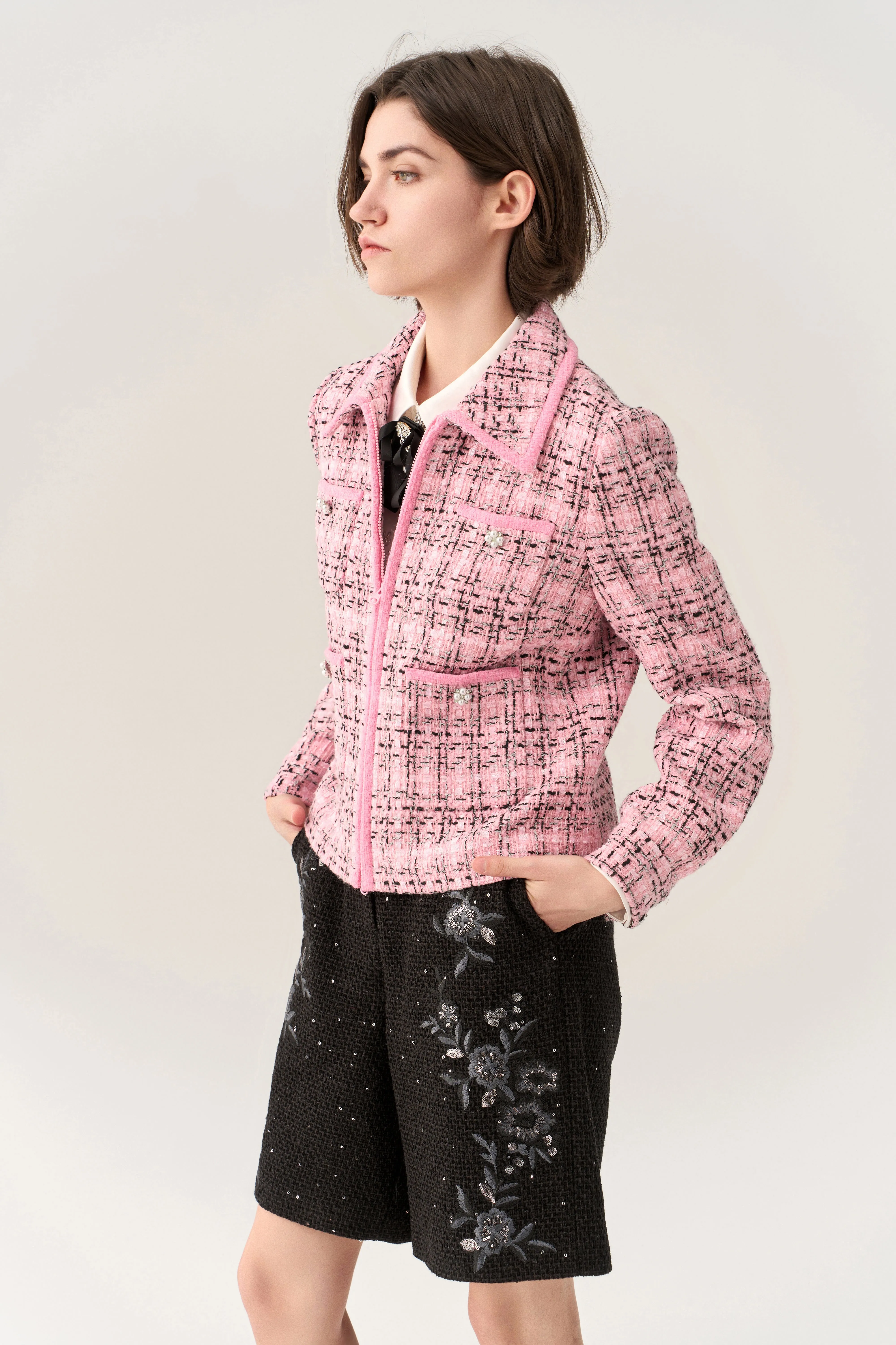 Check Two-way Zipper Tweed Jacket