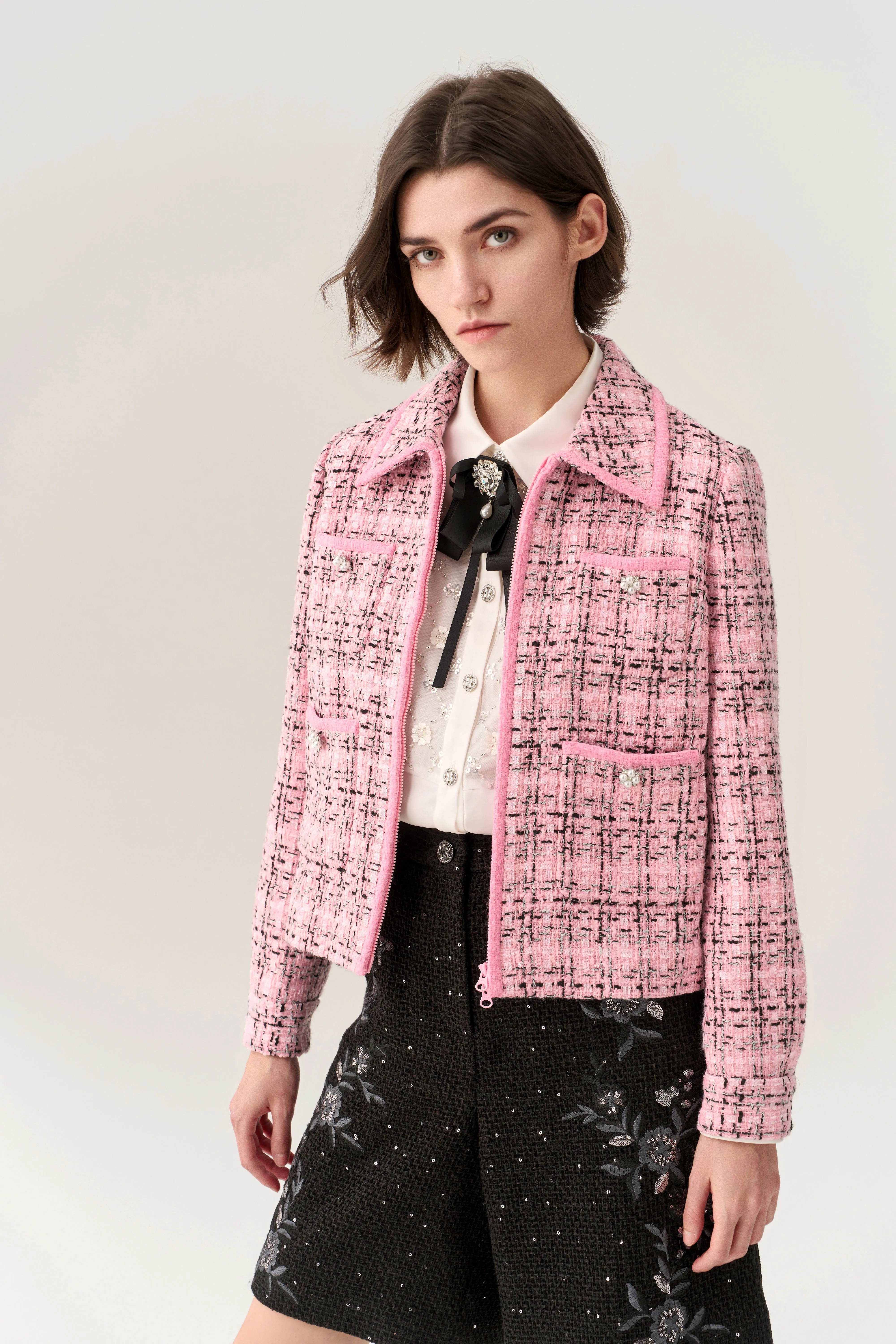 Check Two-way Zipper Tweed Jacket