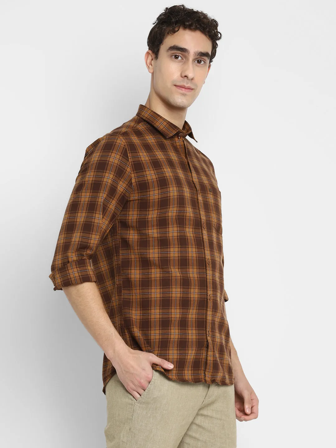 Checked Brown Slim Fit Causal Shirt