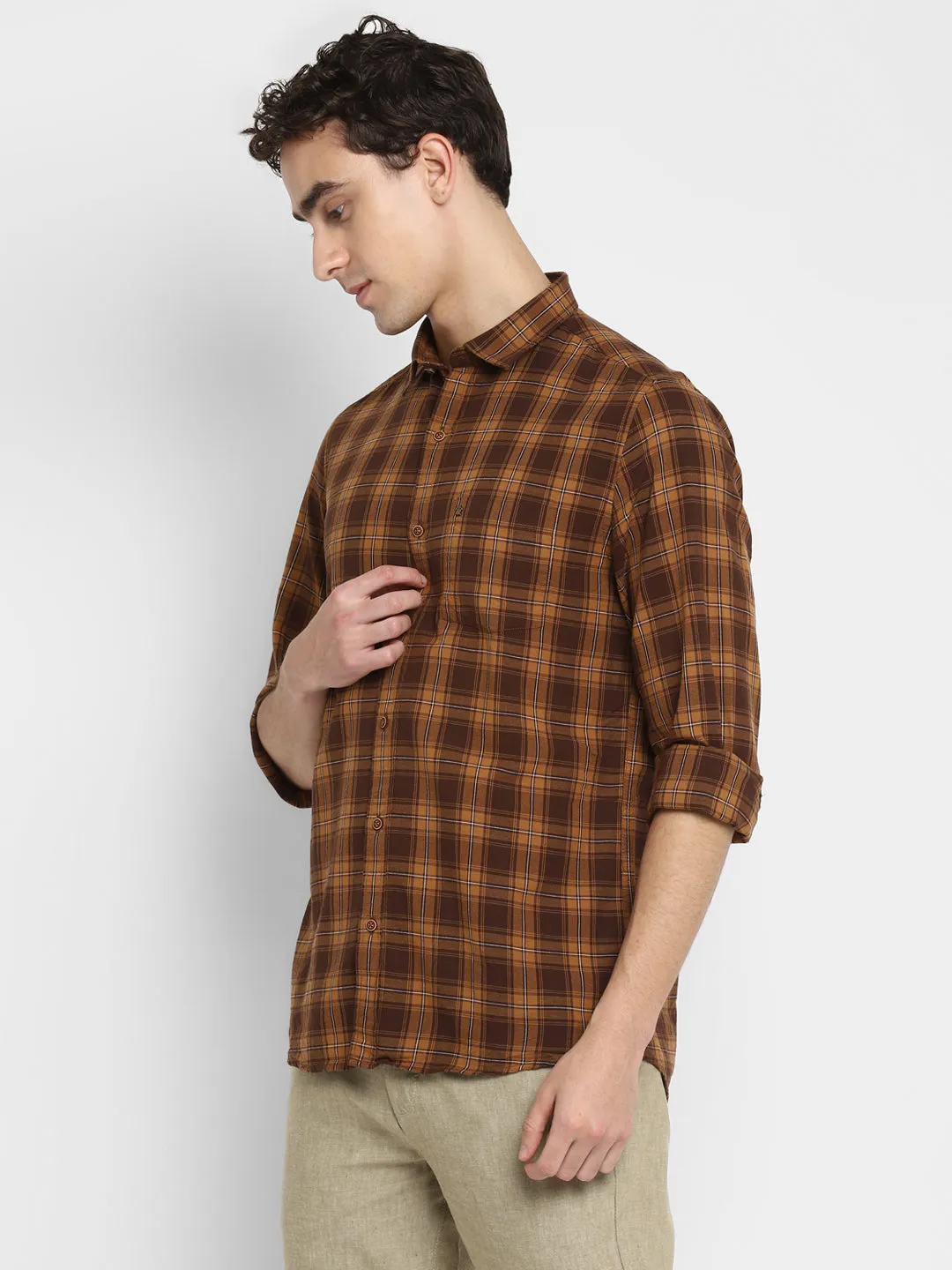 Checked Brown Slim Fit Causal Shirt