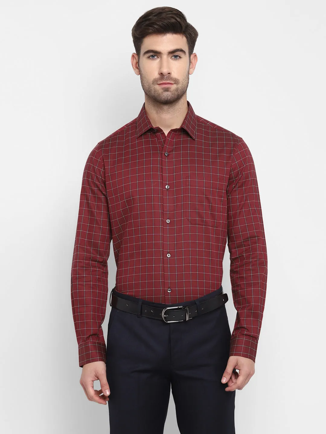 Checked Maroon Slim Fit Formal Shirt