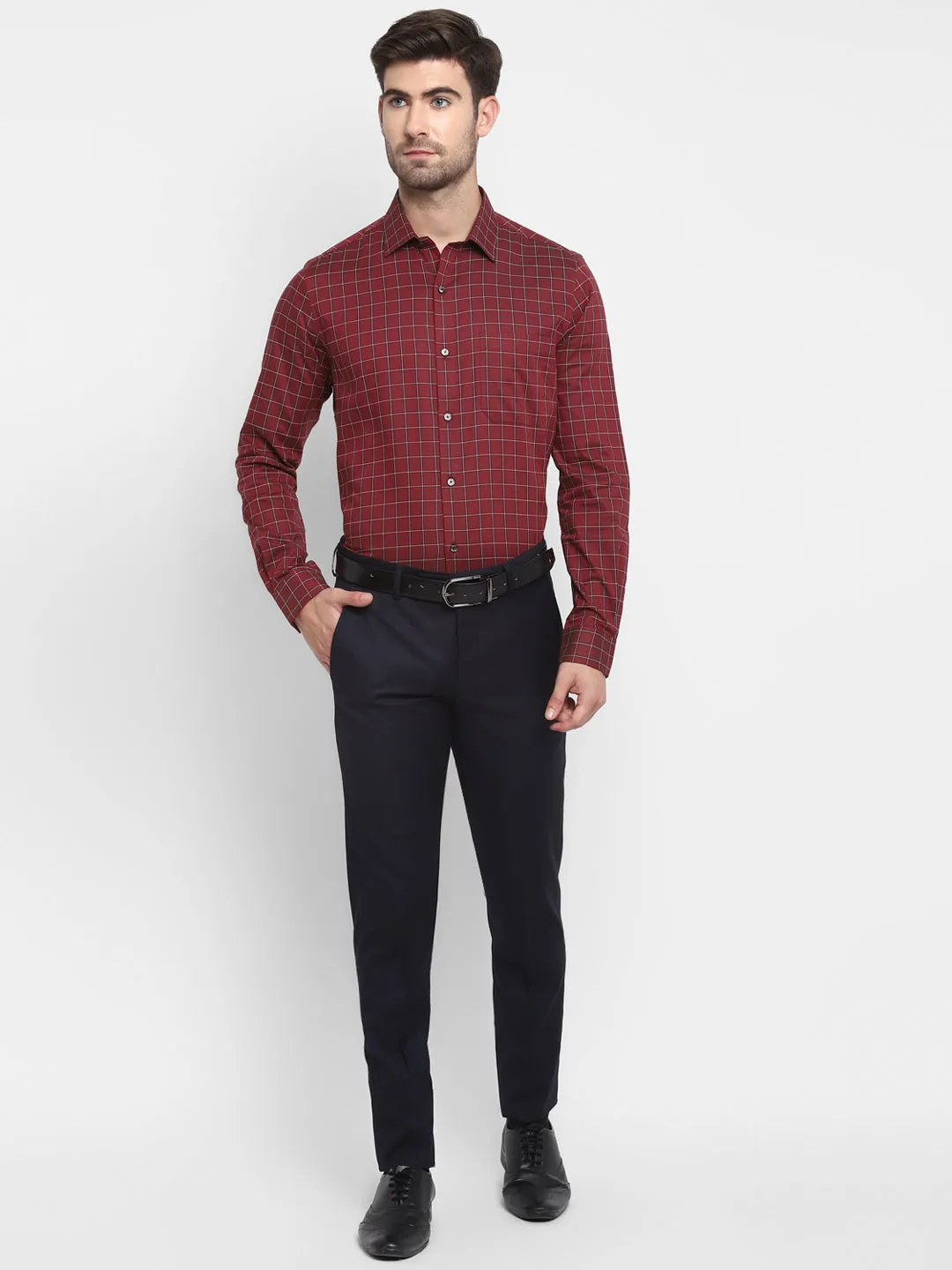 Checked Maroon Slim Fit Formal Shirt