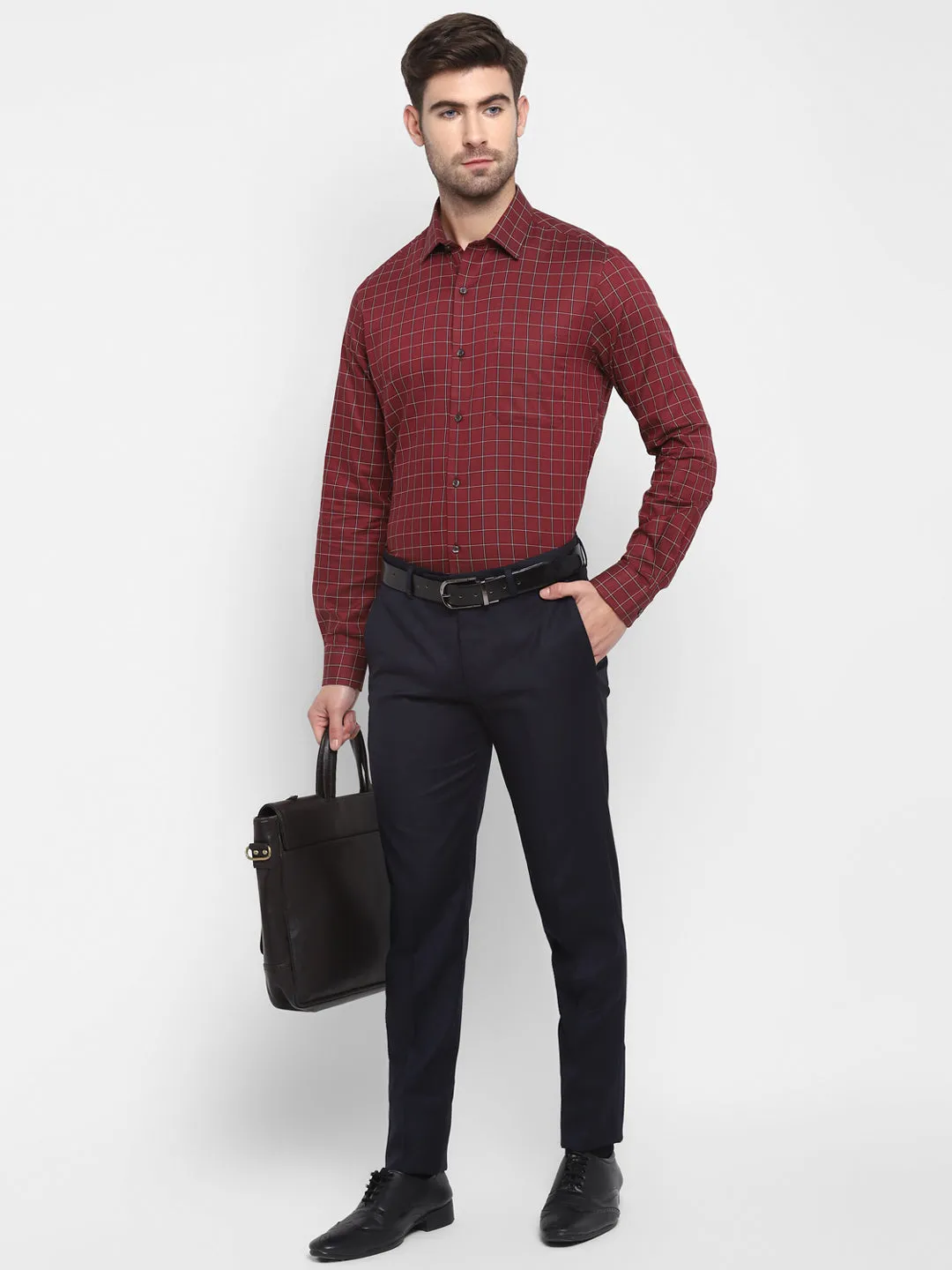 Checked Maroon Slim Fit Formal Shirt