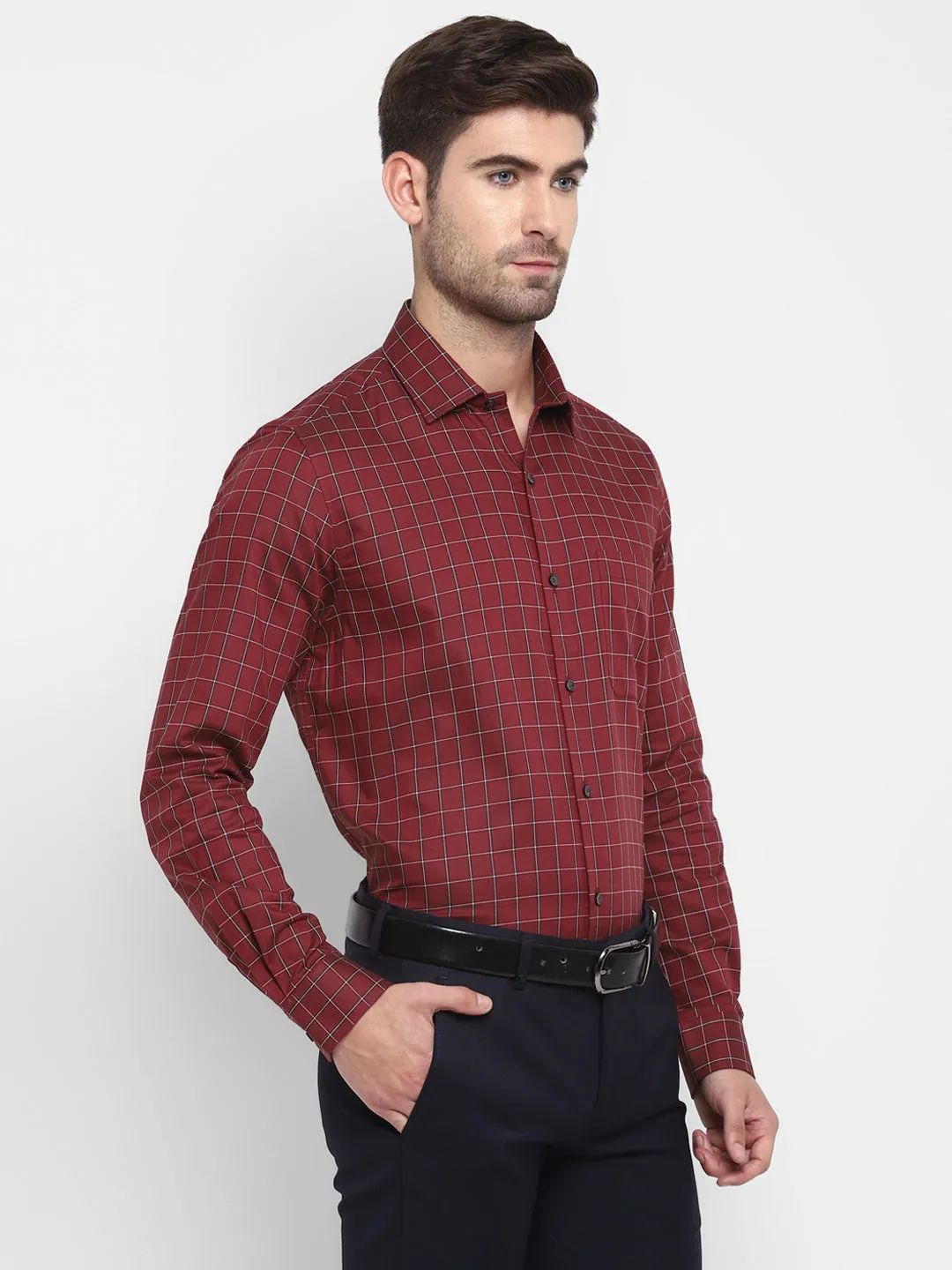 Checked Maroon Slim Fit Formal Shirt