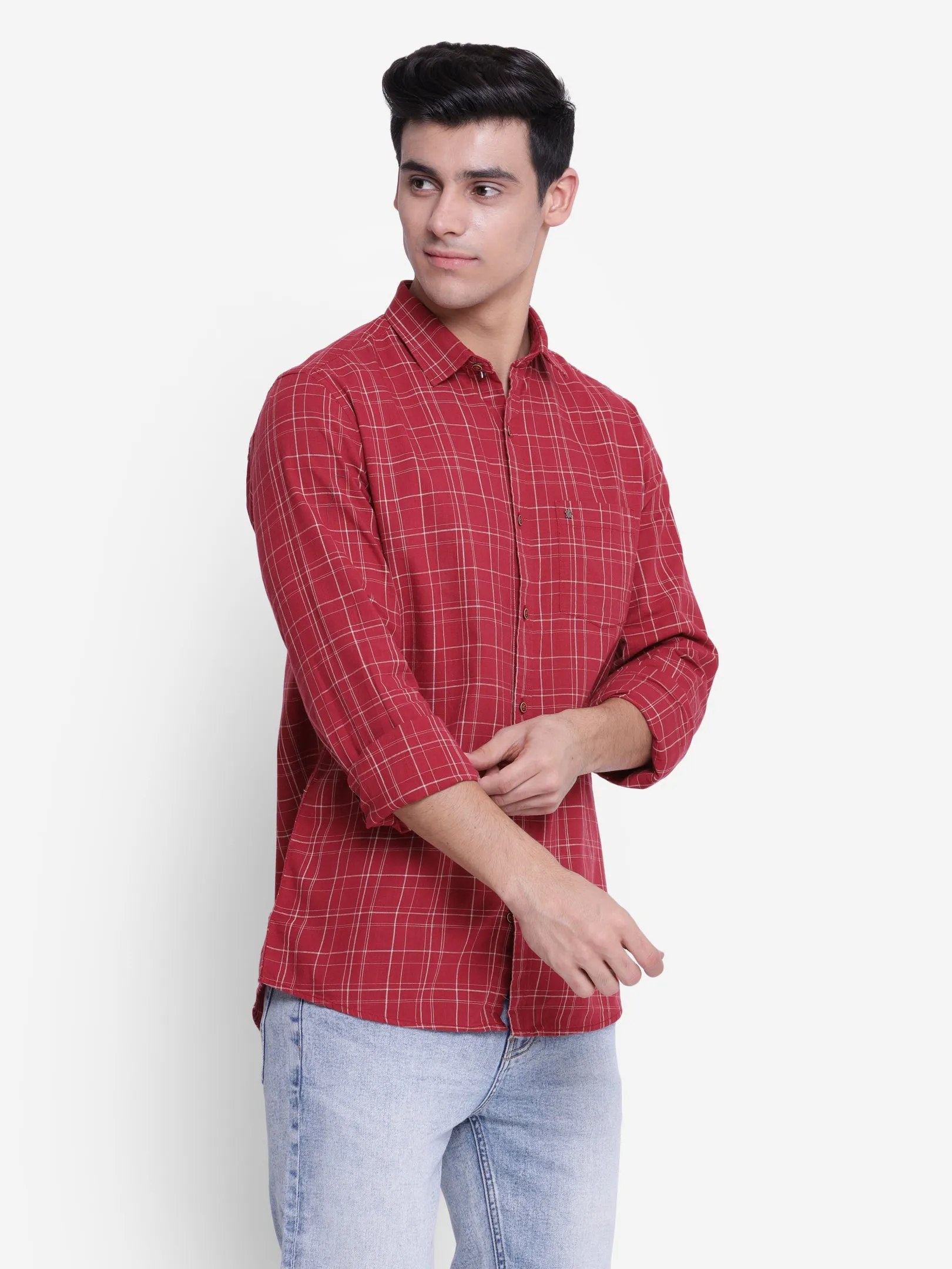 Checked Red Slim Fit Casual Shirt For Men