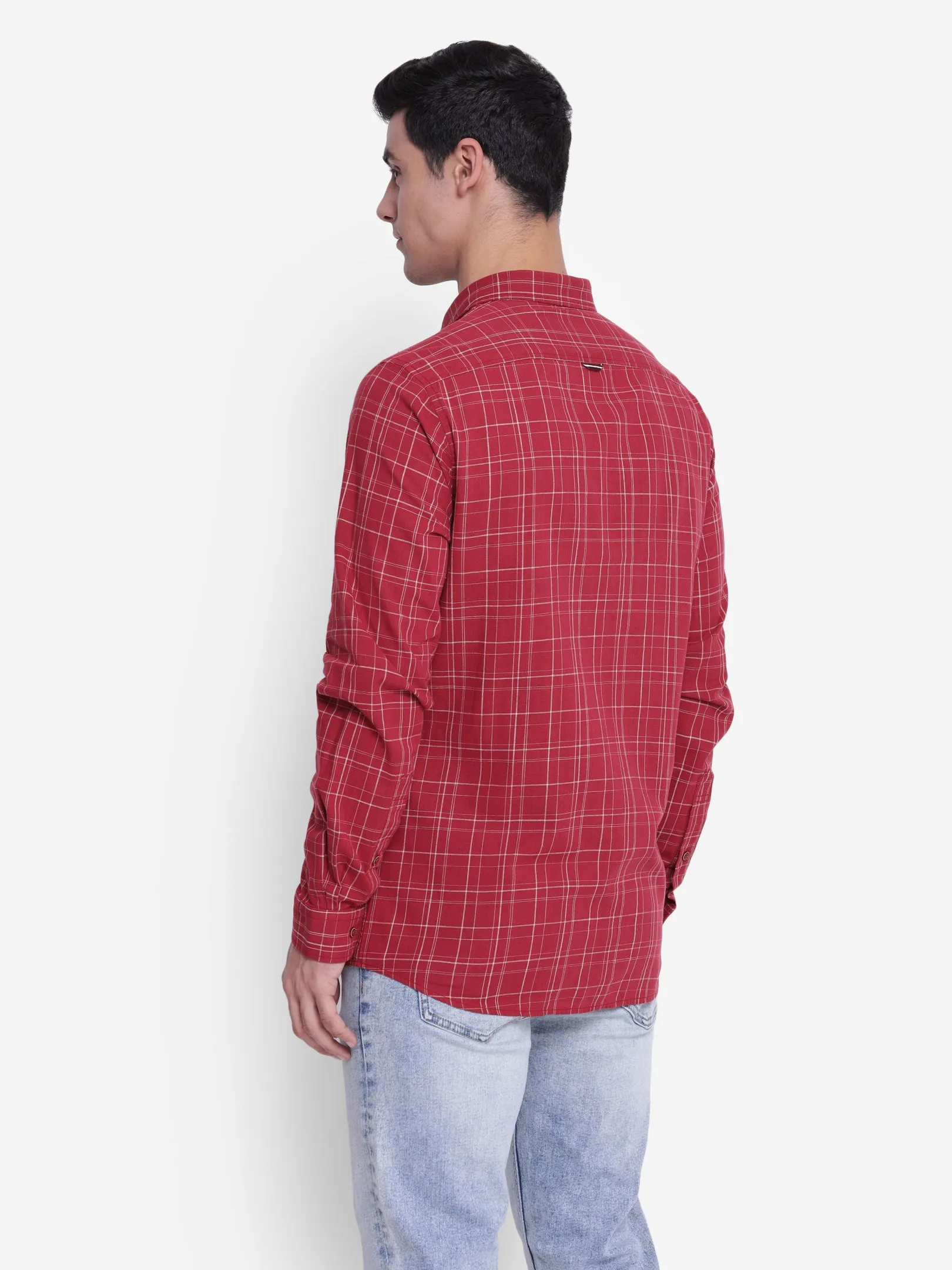 Checked Red Slim Fit Casual Shirt For Men