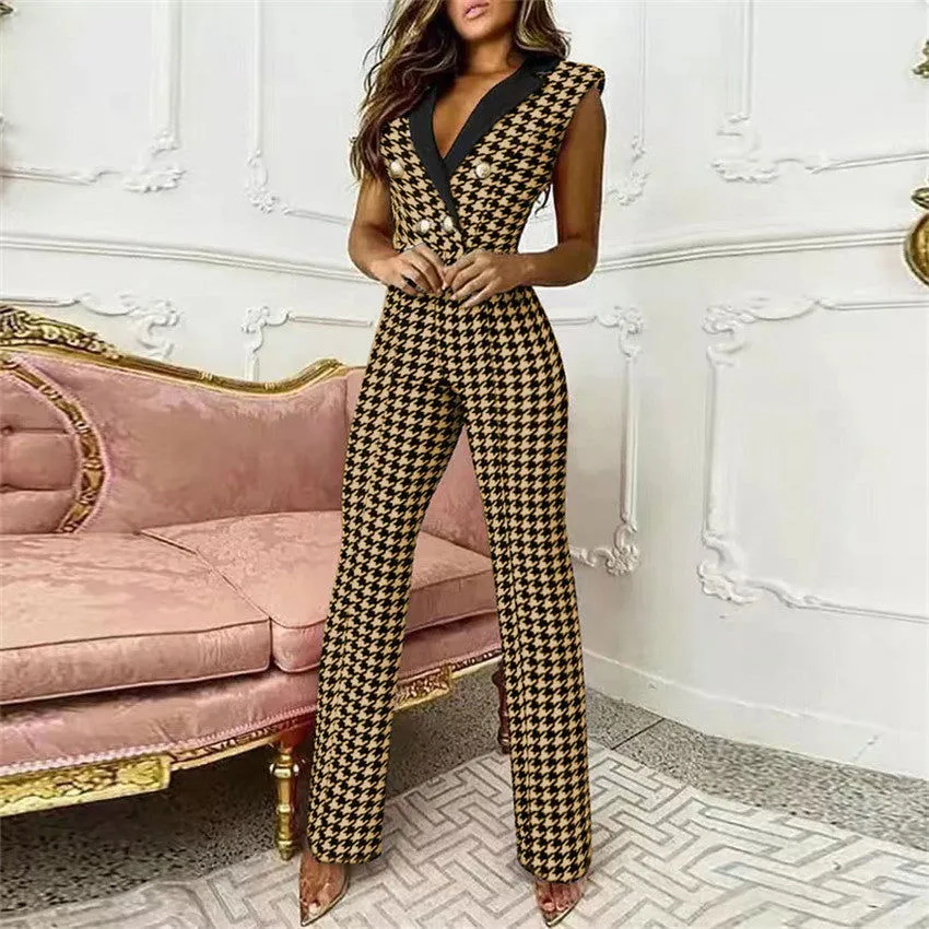 Checkered Deep V-neck Sleeveless Button Cotton Jumpsuit