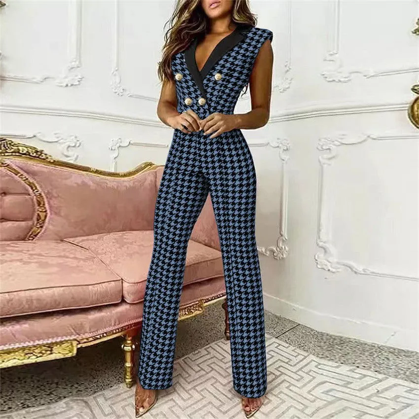 Checkered Deep V-neck Sleeveless Button Cotton Jumpsuit