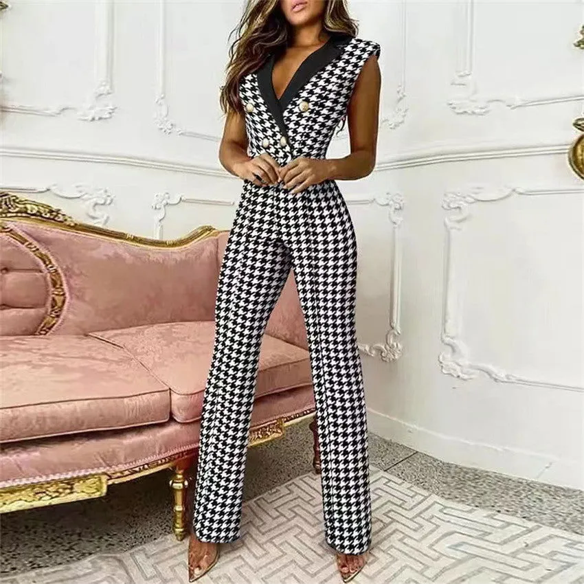 Checkered Deep V-neck Sleeveless Button Cotton Jumpsuit