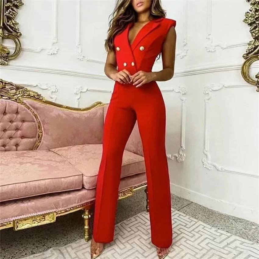 Checkered Deep V-neck Sleeveless Button Cotton Jumpsuit