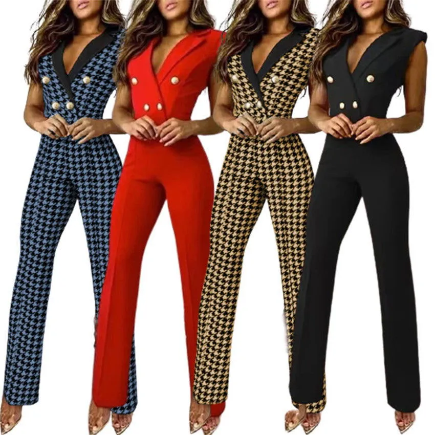 Checkered Deep V-neck Sleeveless Button Cotton Jumpsuit