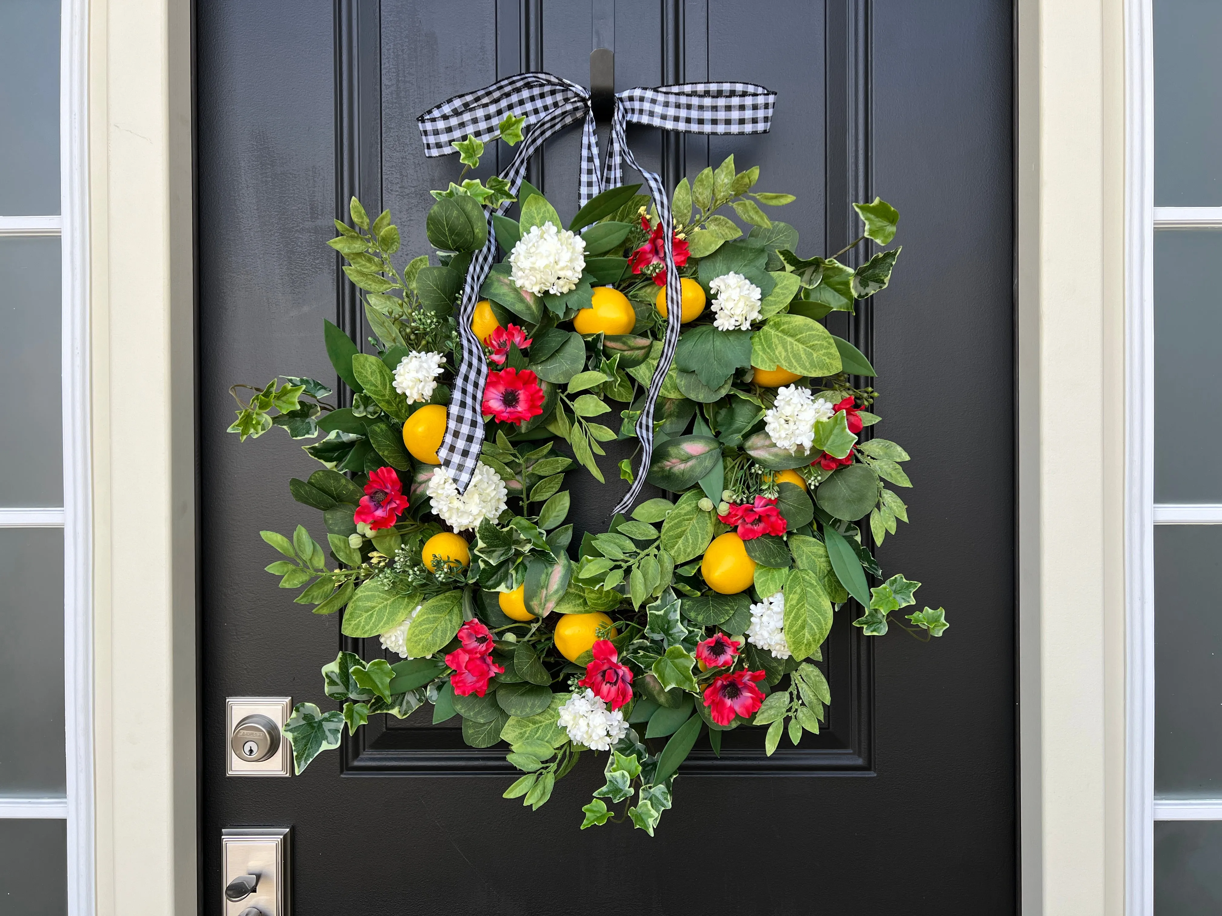 Cheerful Spring and Summer Lemon Wreath with Red Flowers and Greenery