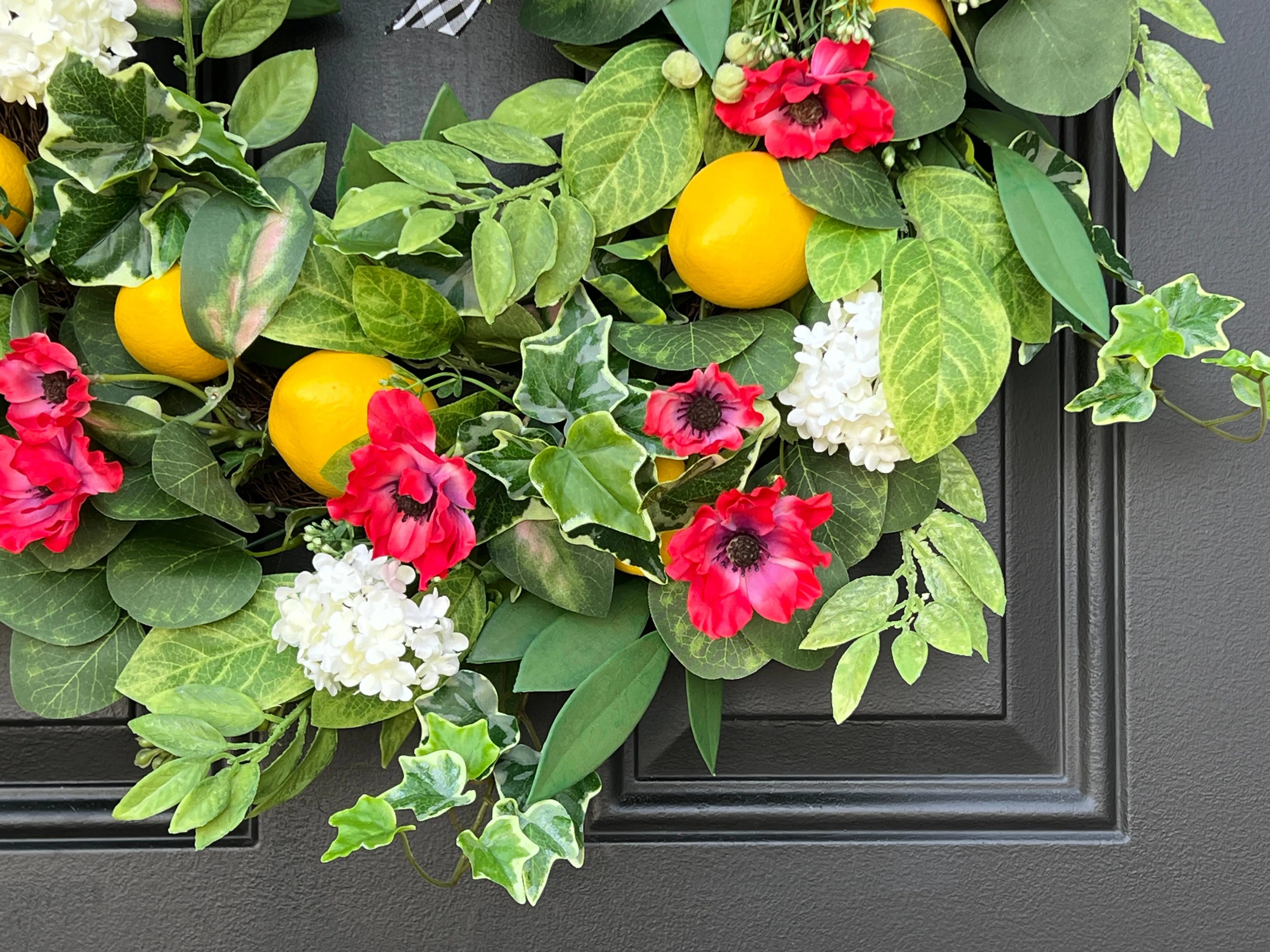 Cheerful Spring and Summer Lemon Wreath with Red Flowers and Greenery