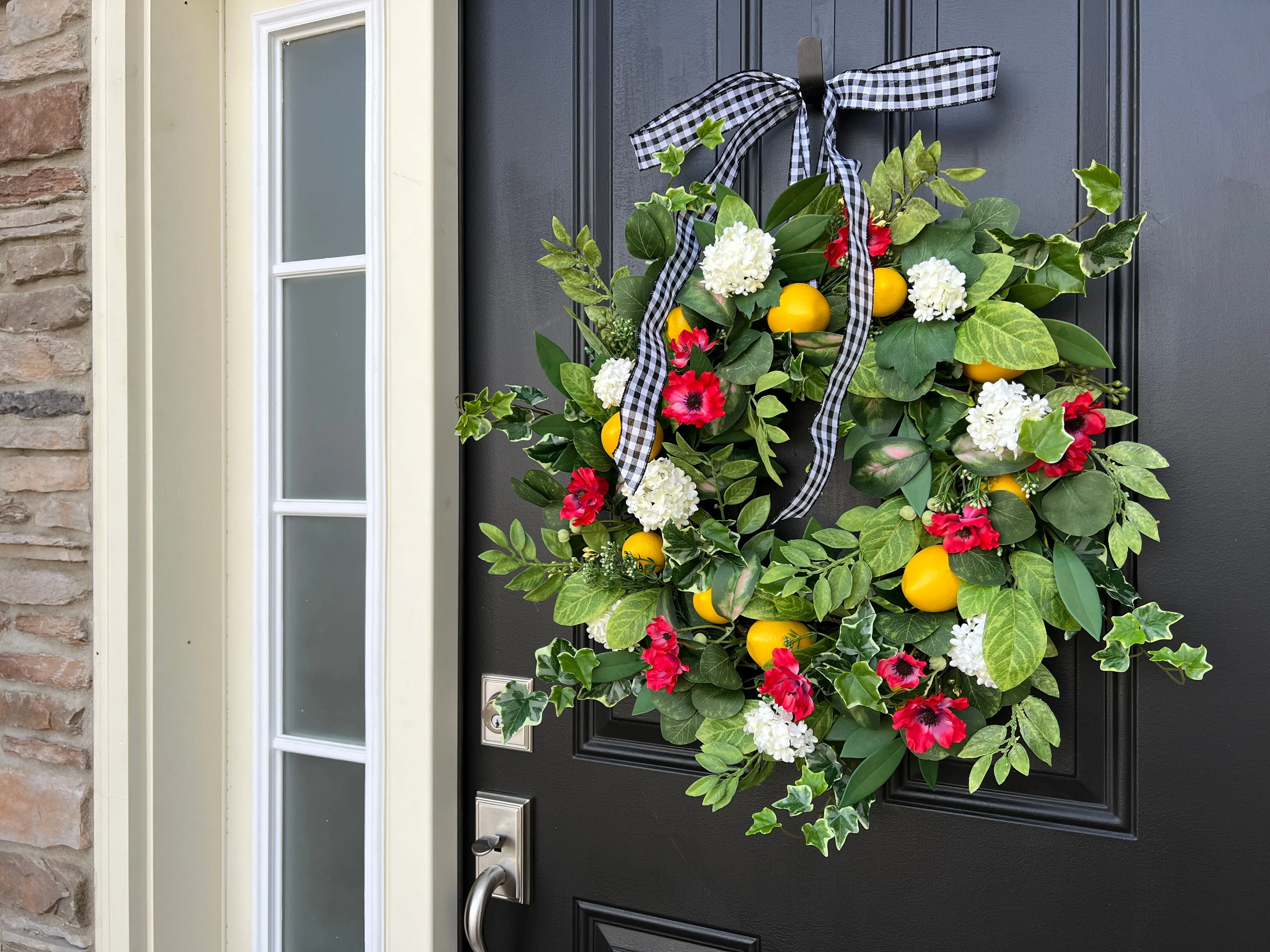 Cheerful Spring and Summer Lemon Wreath with Red Flowers and Greenery