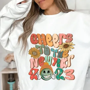 Cheers to the New Year 2023 Crewneck Sweatshirt or Soft T-Shirt Women's Gift for Her Retro Vintage Design Unisex Size Cozy Oversize Pullover