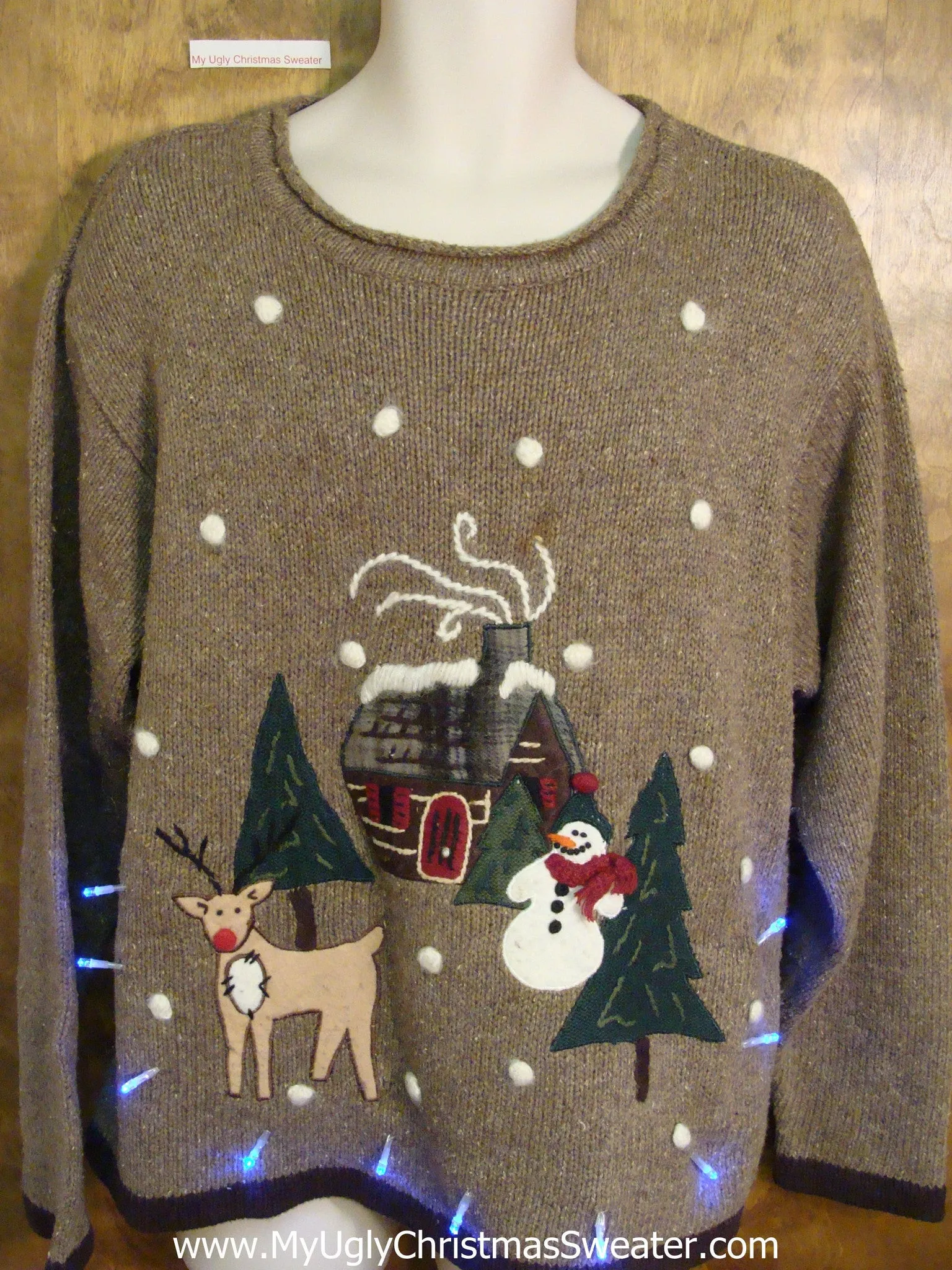 Cheesy Brown Tacky Xmas Sweater with Reindeer and Lights