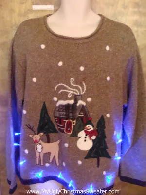 Cheesy Brown Tacky Xmas Sweater with Reindeer and Lights