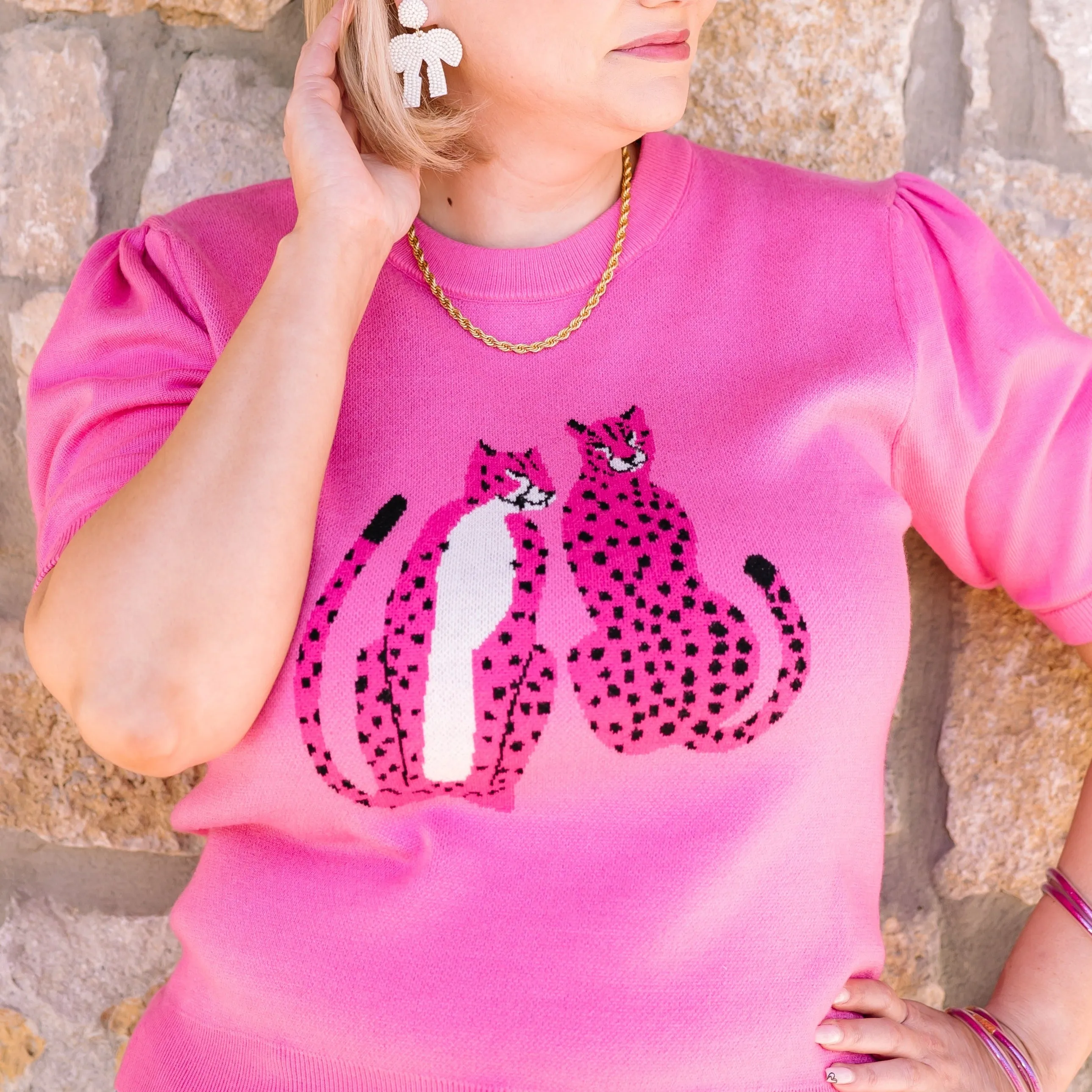 Cheetah Gal Pink Short Sleeve Sweater Top