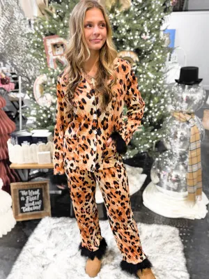 Cheetah Print Satin Pajama Set With Feather Cuff