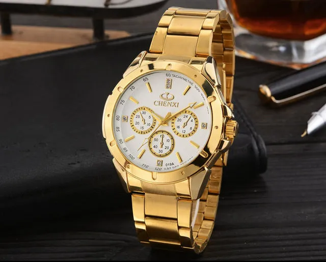 CHENXI Lovers Quartz Watches Women Men Gold WristWatches Top Brand Luxury Female Male Clock IPG Golden Steel Watch