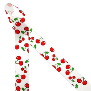 Cherries Ribbon on 7/8" White Single Face Satin Ribbon