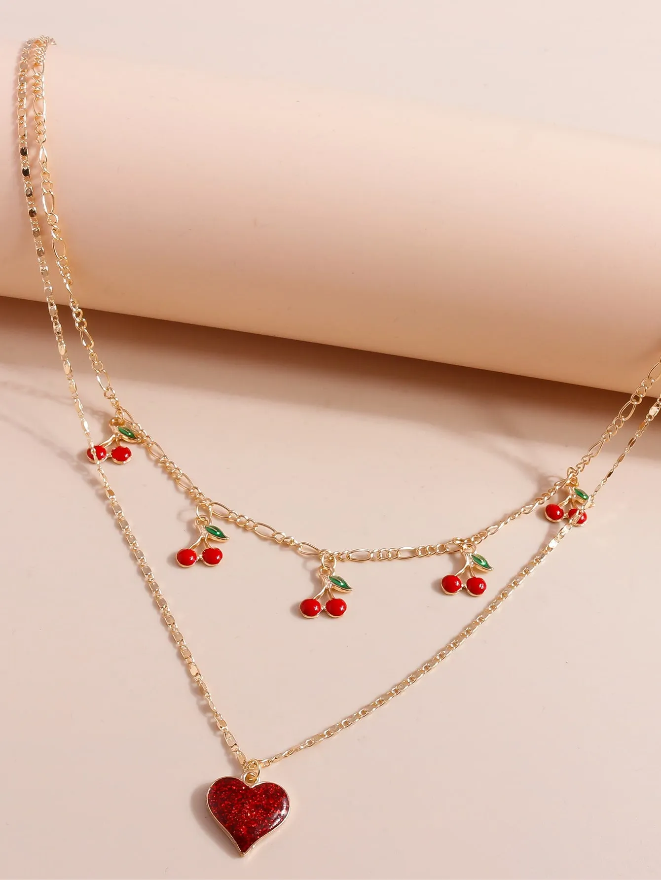 Cherry & Heart Charm Layered Necklace Jewelry for Women Gift for Her Necklace