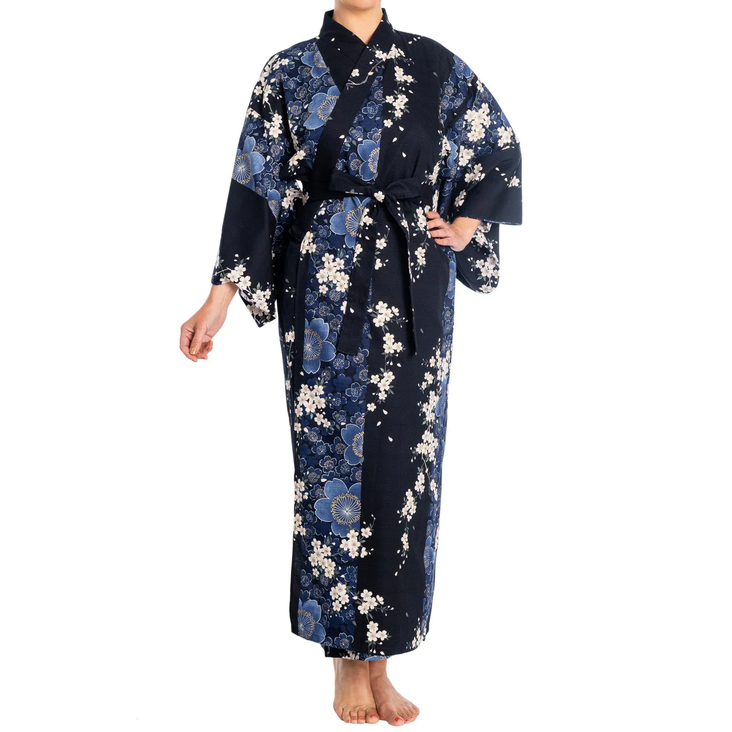 Cherry Blossom Print Long Navy Yukata