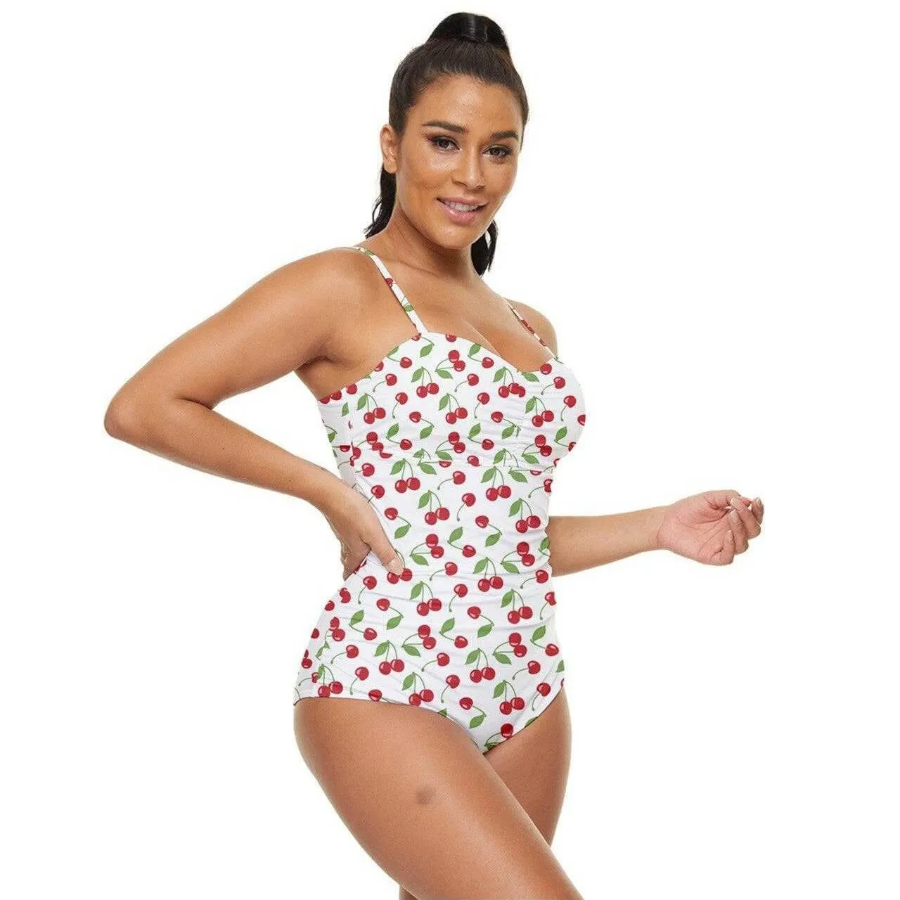 Cherry Bombshell White Retro Full Coverage Swimsuit