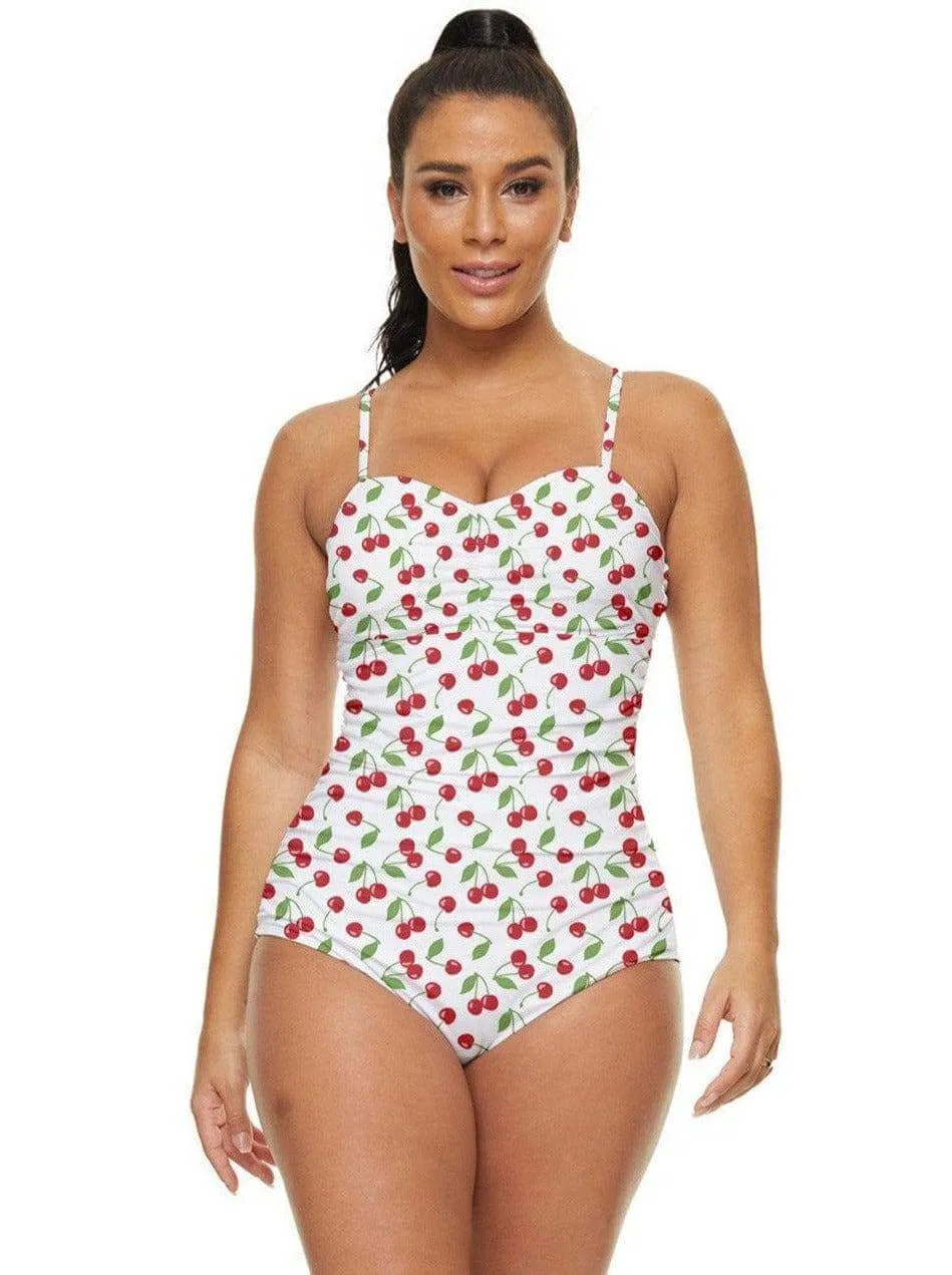 Cherry Bombshell White Retro Full Coverage Swimsuit