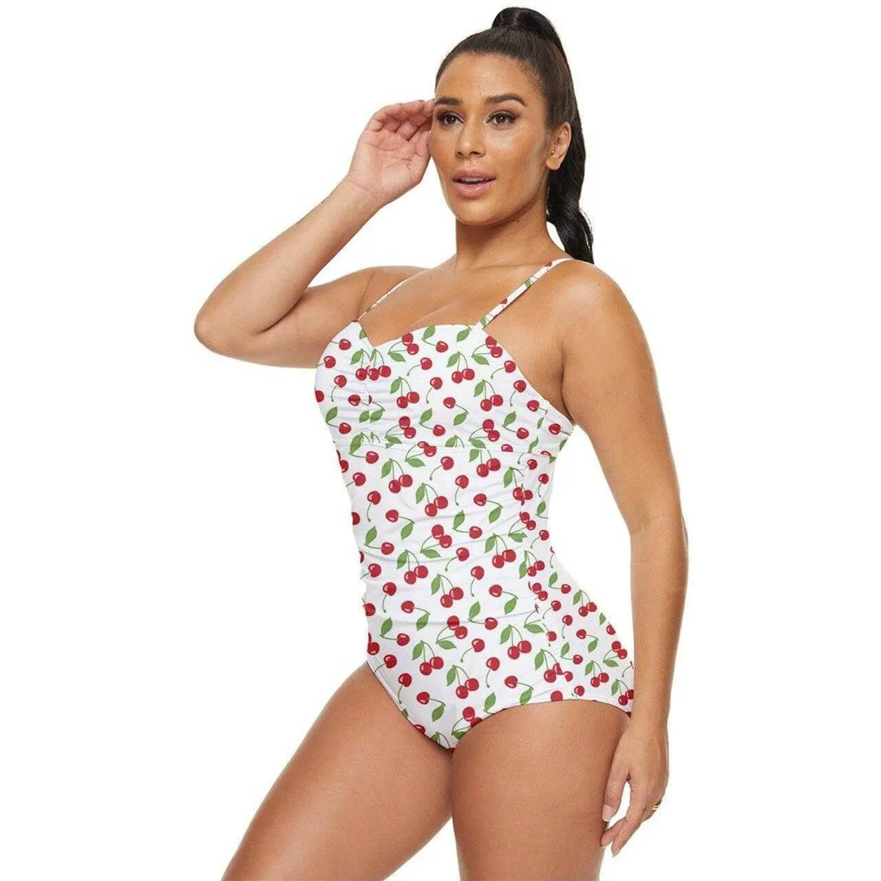 Cherry Bombshell White Retro Full Coverage Swimsuit