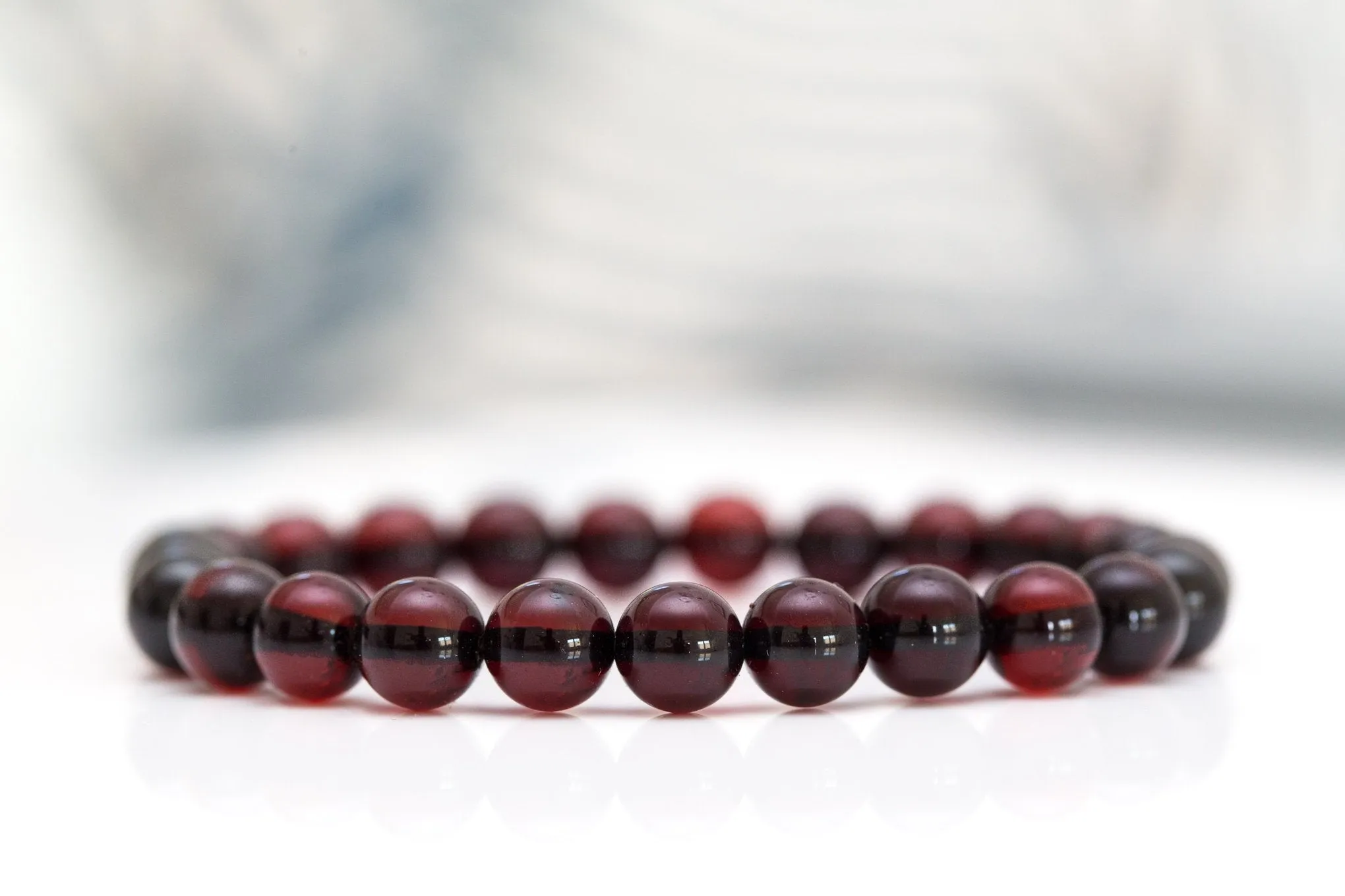 Cherry Red Amber Sphere Bead Bracelet