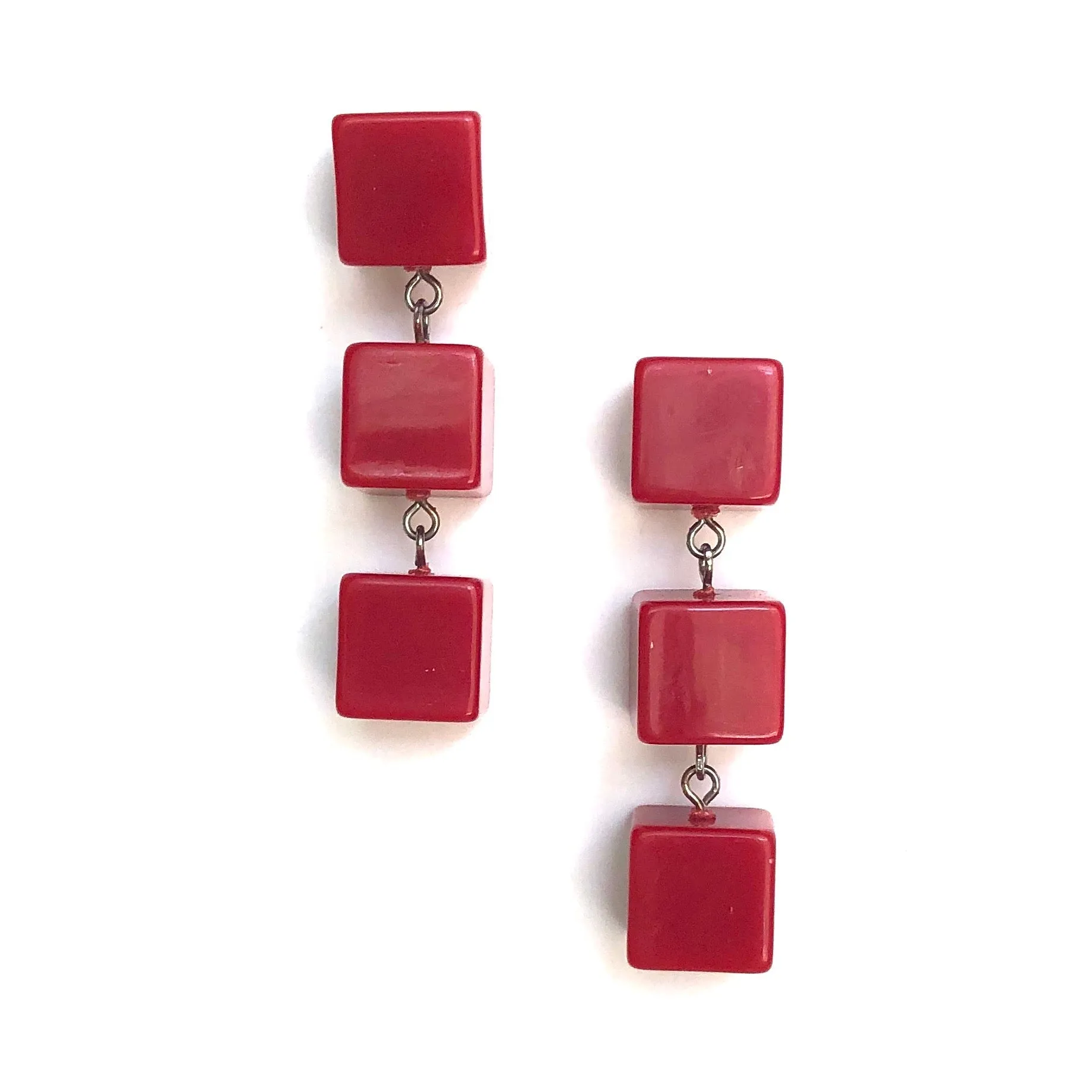 Cherry Red Cube Tri Dot Drop Earrings