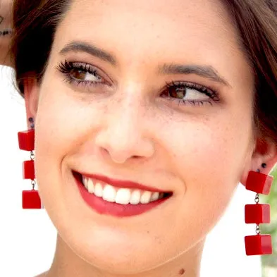 Cherry Red Cube Tri Dot Drop Earrings