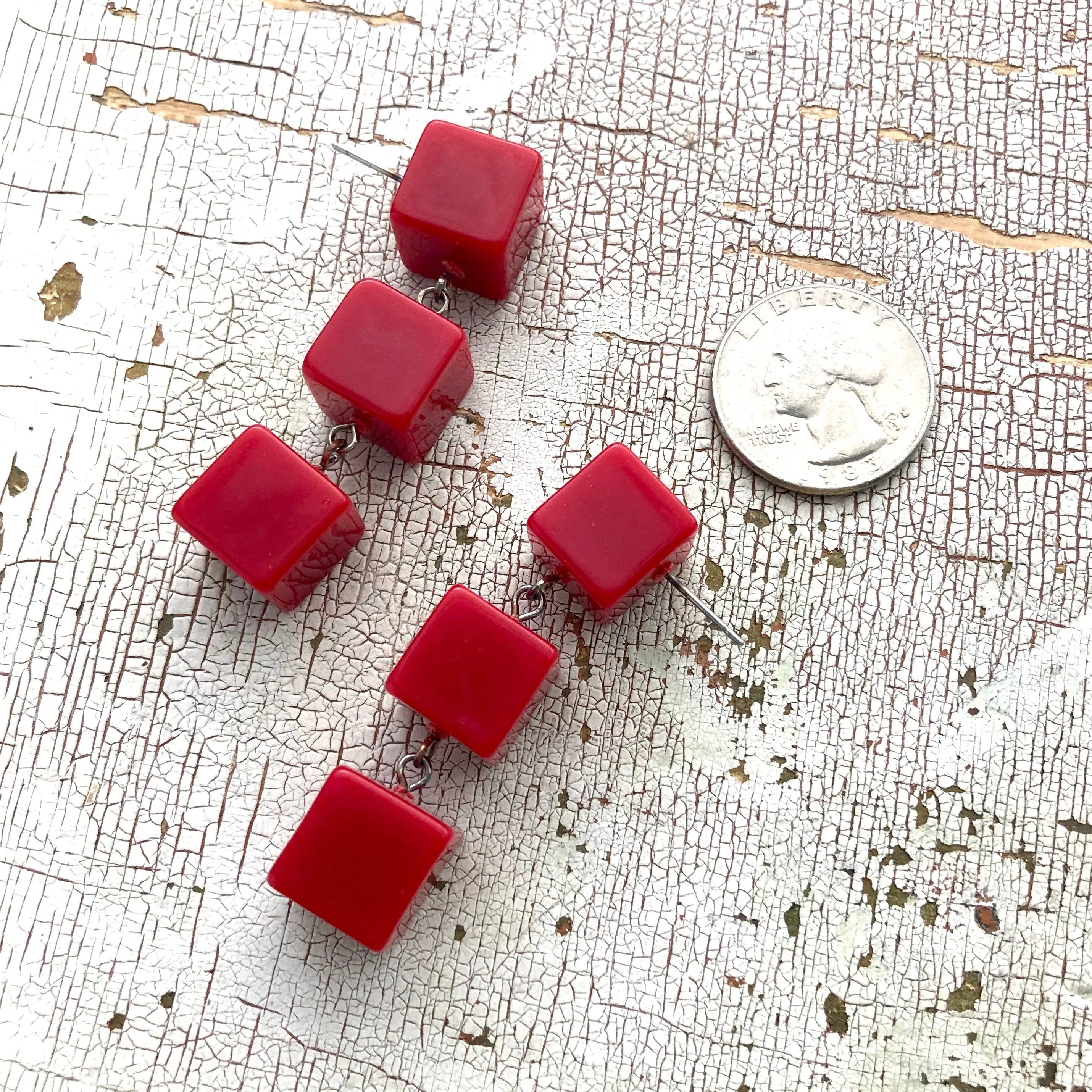 Cherry Red Cube Tri Dot Drop Earrings