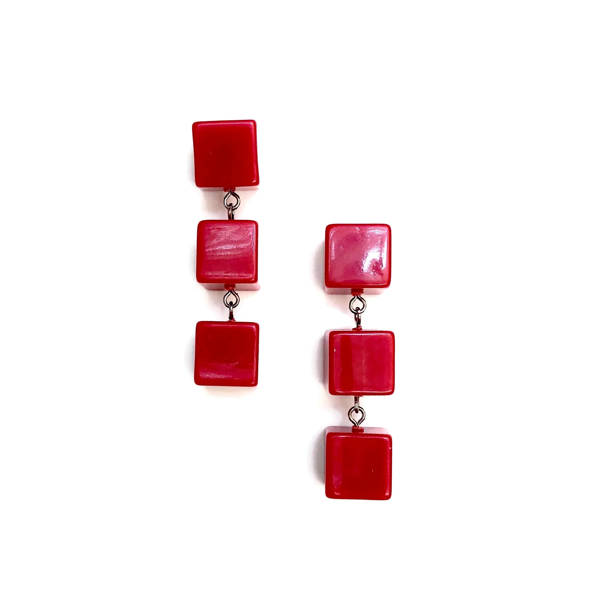 Cherry Red Cube Tri Dot Drop Earrings