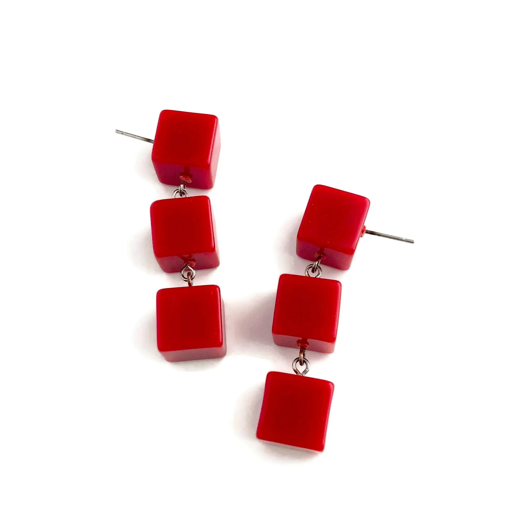 Cherry Red Cube Tri Dot Drop Earrings