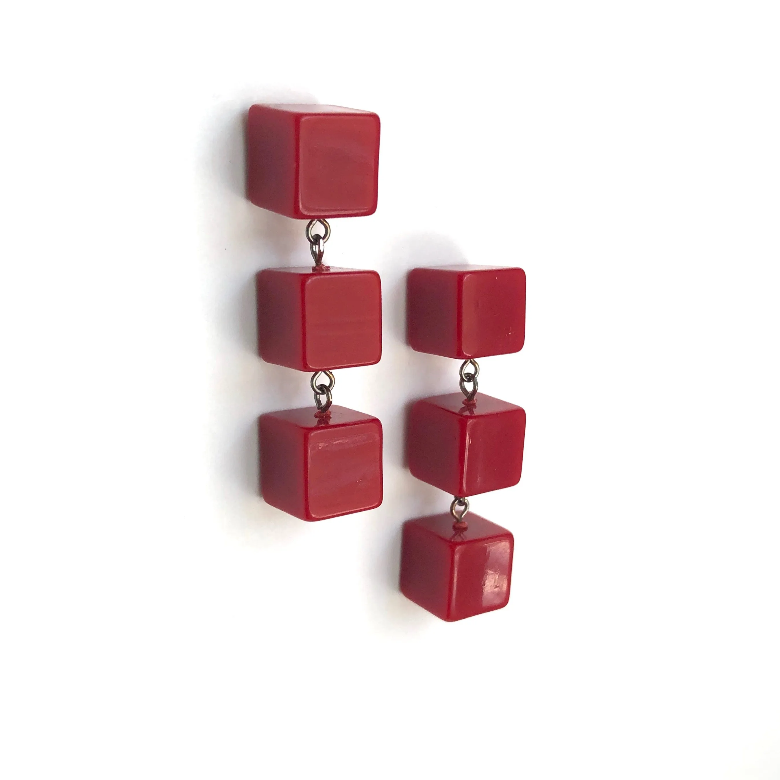 Cherry Red Cube Tri Dot Drop Earrings