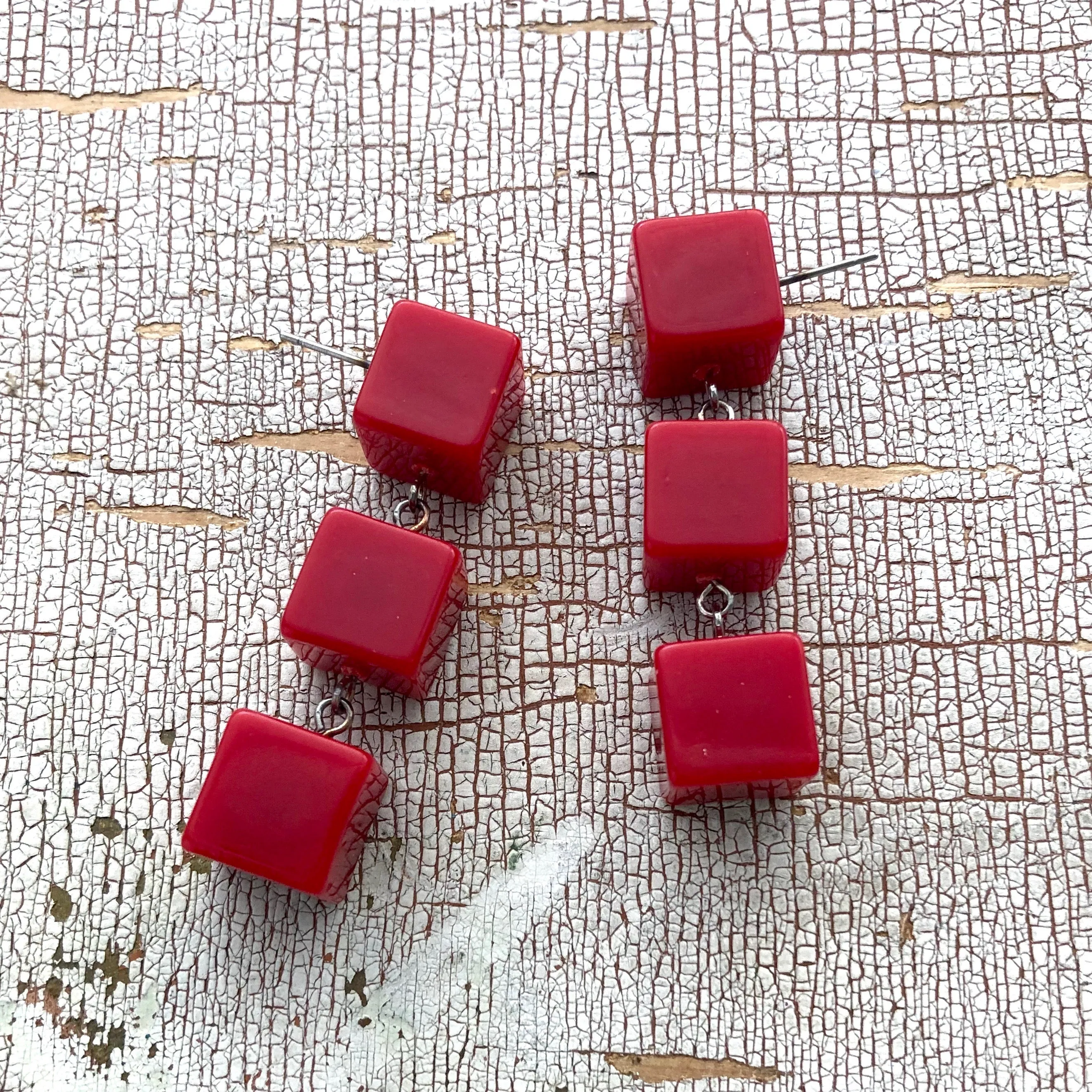 Cherry Red Cube Tri Dot Drop Earrings