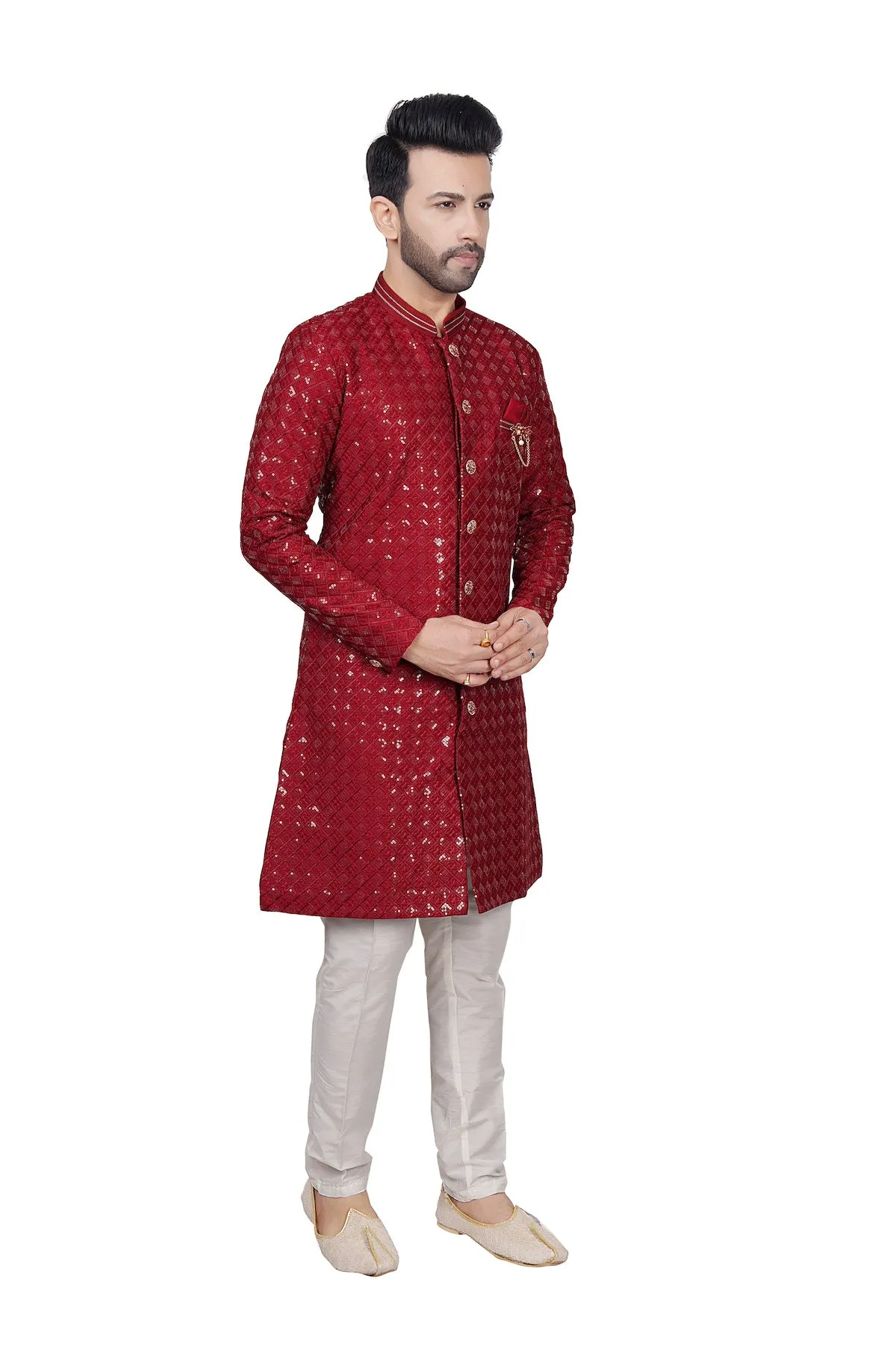 Cherry red embroidered mens kurta