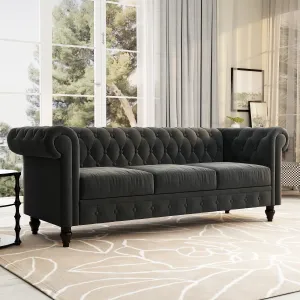 Chesterfield Design Velvet Rolled Arm Couch in Charcoal Gray