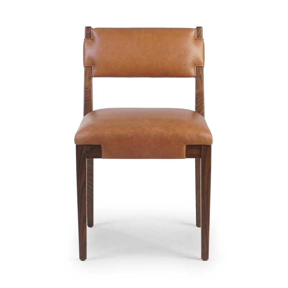 Chestnut Brown Leather Armless Dining Chair Solid Ash Wood