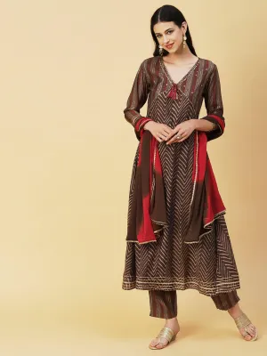 Chevron Printed Mirror & Sequins Embroidered Kurta With Pants & Dupatta - Brown