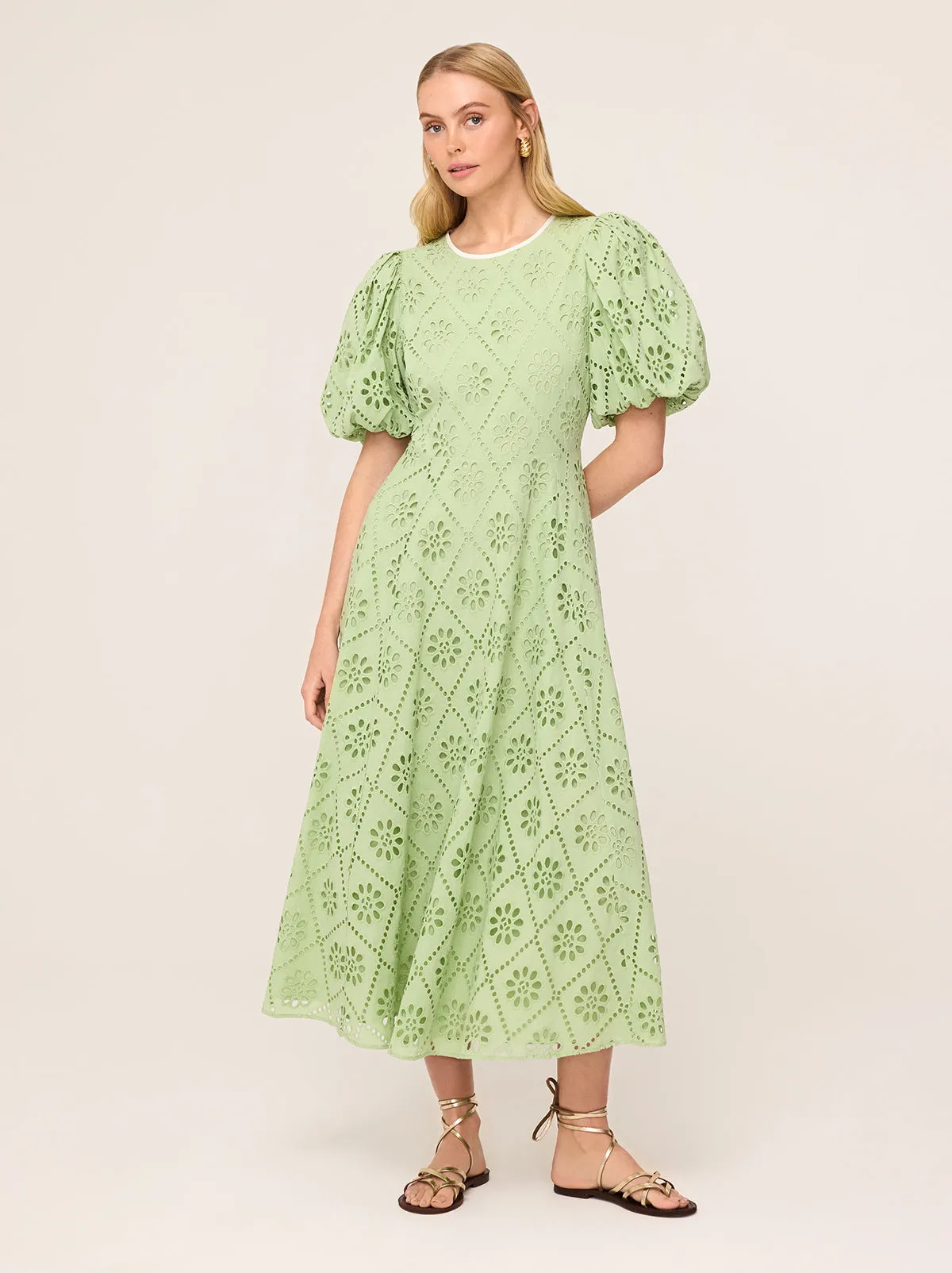 Chiara Pistachio Broderie Midi Dress