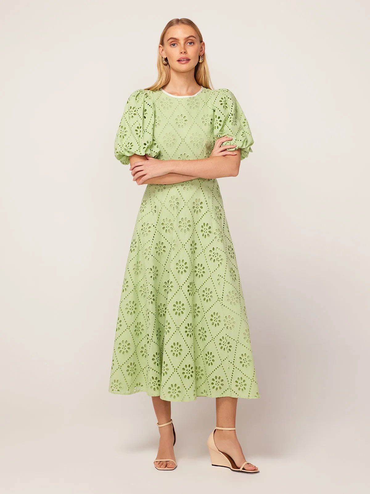 Chiara Pistachio Broderie Midi Dress