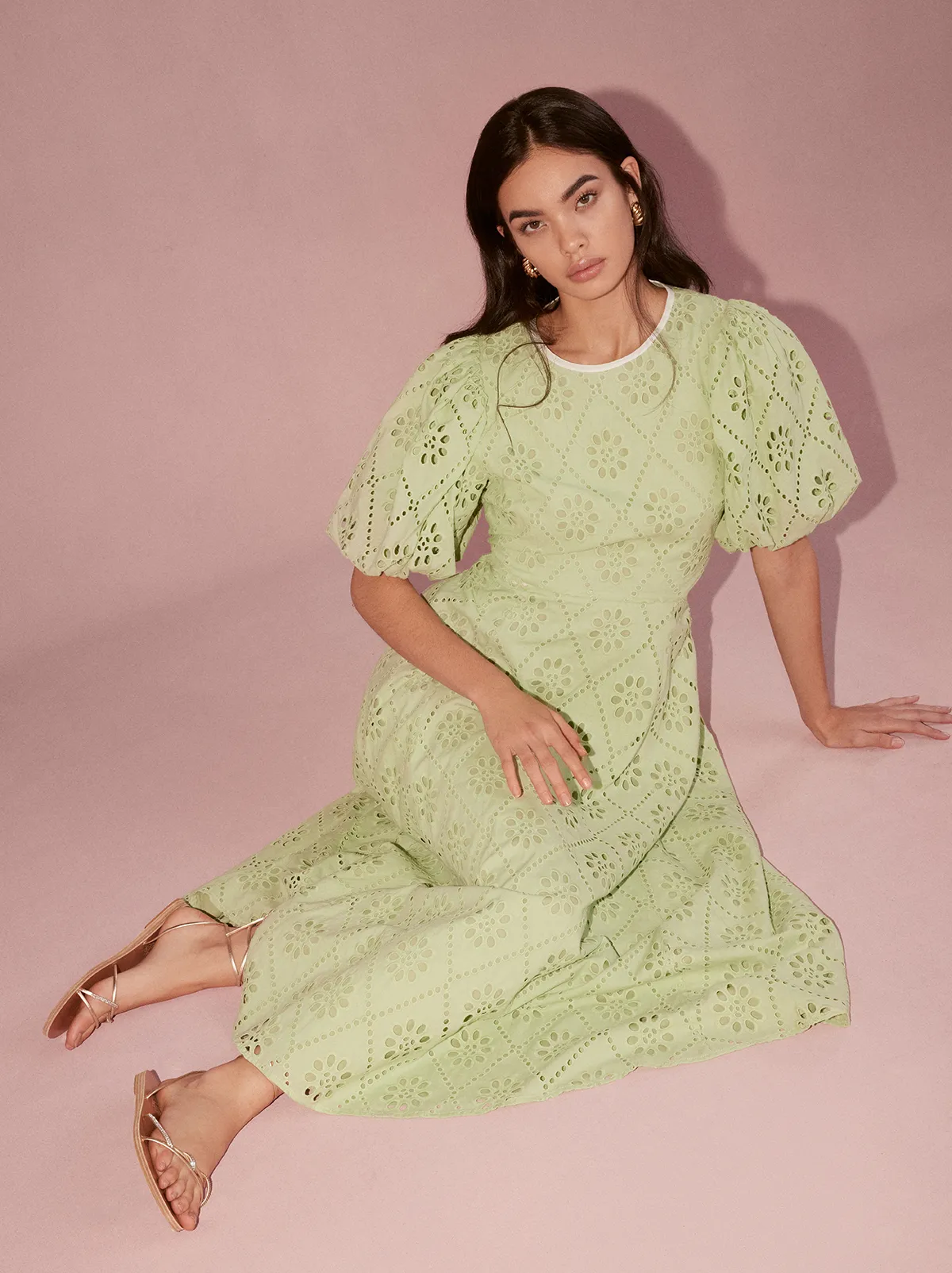 Chiara Pistachio Broderie Midi Dress