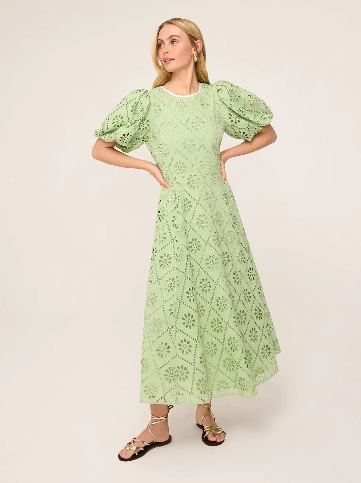 Chiara Pistachio Broderie Midi Dress