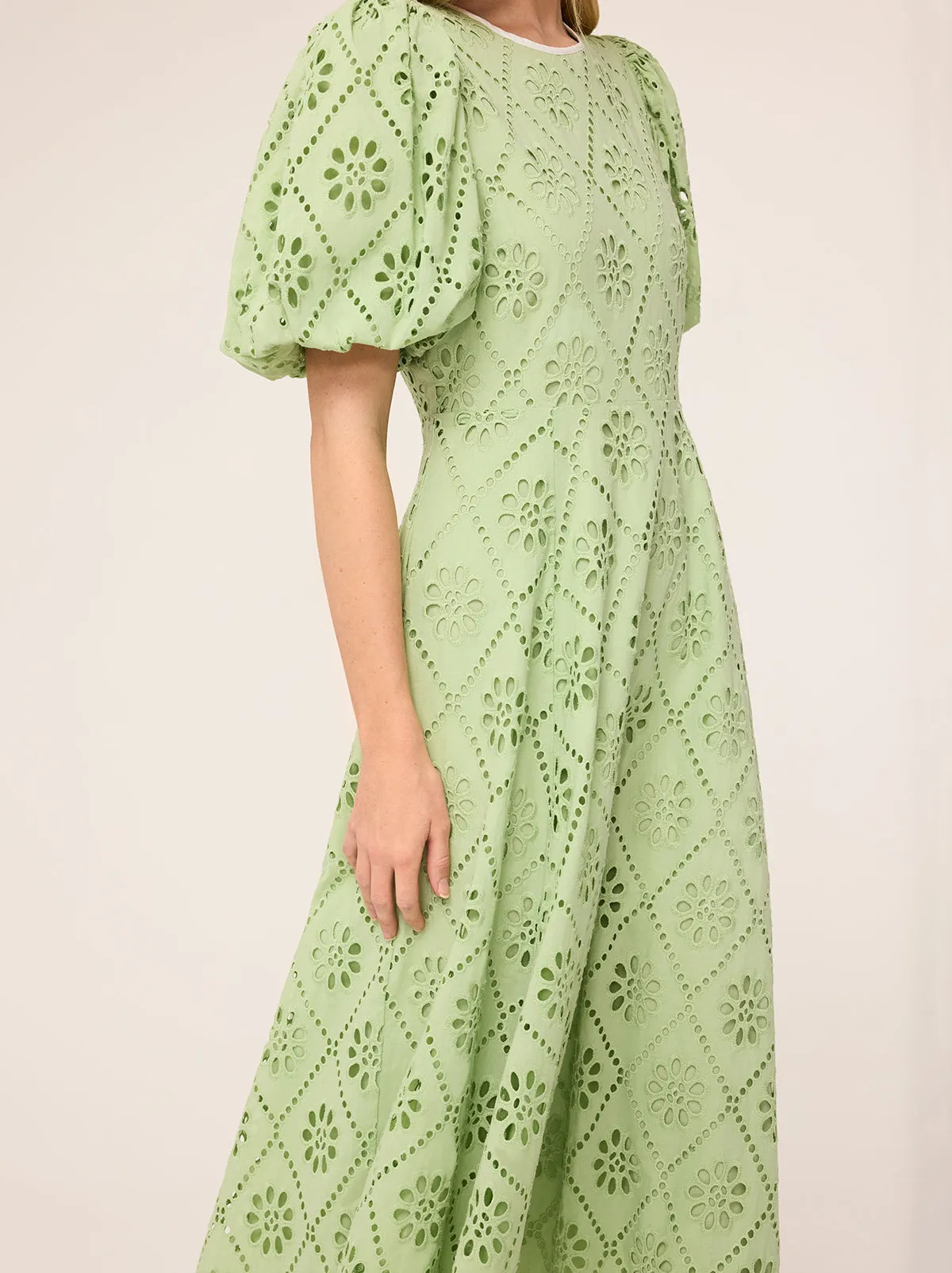 Chiara Pistachio Broderie Midi Dress