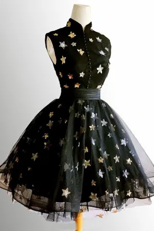 Chic A Line High Neck Black Straps Short Prom Dresses, Cute Homecoming Dresses