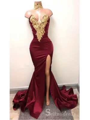 Chic A-line Mermaid Sexy Long Prom Dresses Burgundy Gold African Prom Dress CBD395