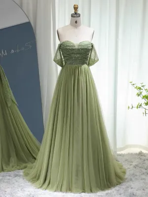 Chic A-line Off-the-shoulder Beaded Prom Dress Green Evening Gowns #OPS006